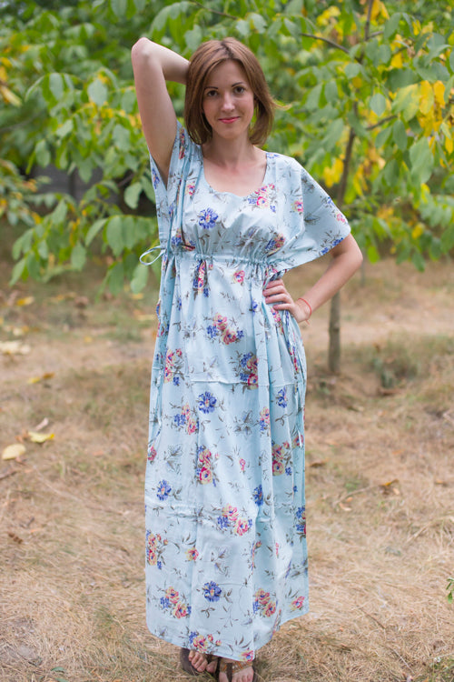 Light Blue Side Strings Sweet Style Caftan in Romantic Florals Pattern