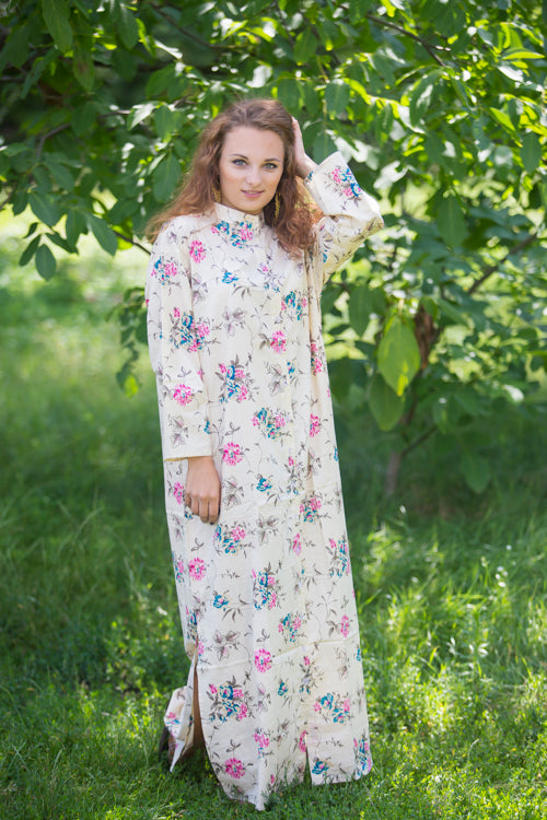 Light Yellow Charming Collars Style Caftan in Romantic Florals Pattern