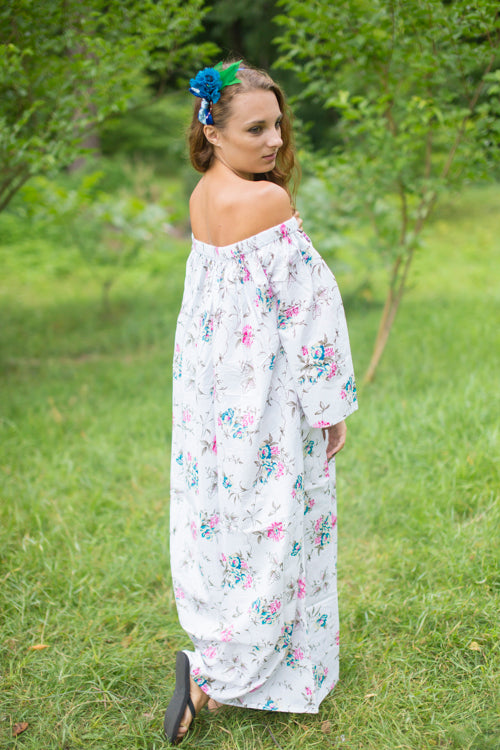 White Serene Strapless Style Caftan in Romantic Florals Pattern
