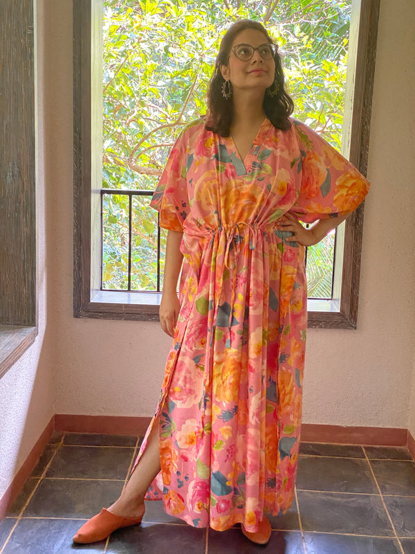 Her Petal Garden V-Neck, Cinched Waist Ankle Length Caftan