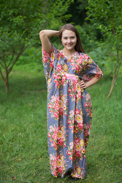 Gray Unfurl Style Caftan in Rosy Red Posy Pattern