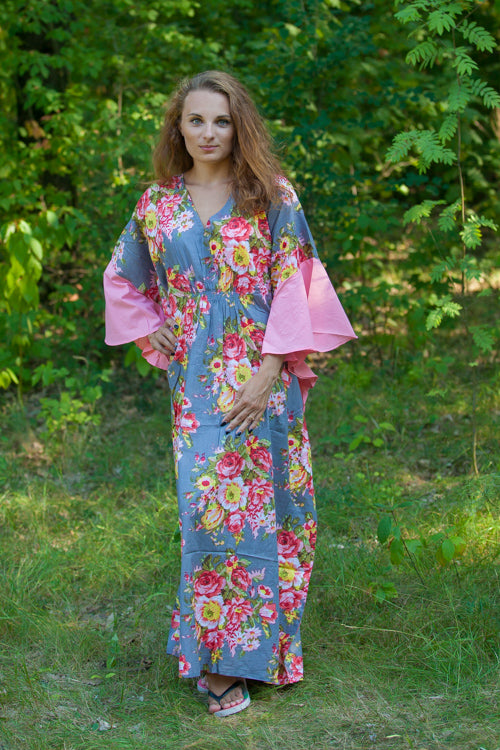 Gray Ballerina Style Caftan in Rosy Red Posy