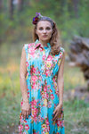 Light Blue Cool Summer Style Caftan in Rosy Red Posy Pattern