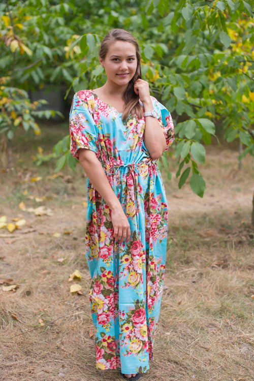 Light Blue Cut Out Cute Style Caftan in Rosy Red Posy Pattern