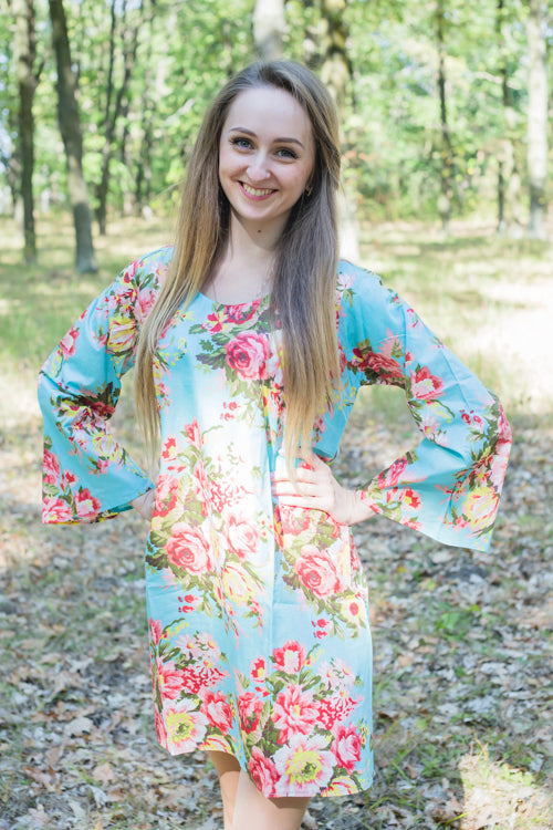 Light Blue Bella Tunic Style Caftan in Rosy Red Posy Pattern