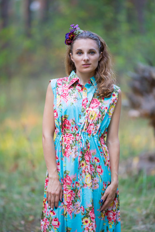 Light Blue Cool Summer Style Caftan in Rosy Red Posy Pattern