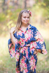 Navy Blue Oriental Delight Style Caftan in Rosy Red Posy Pattern