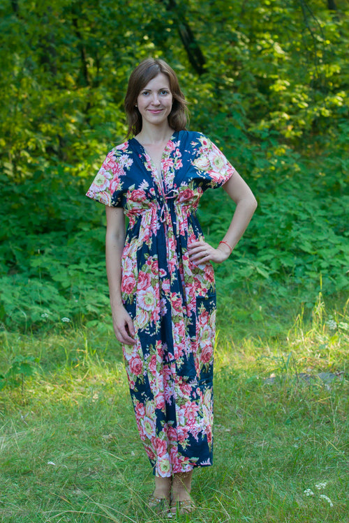 Navy Blue Beach Days Style Caftan in Rosy Red Posy