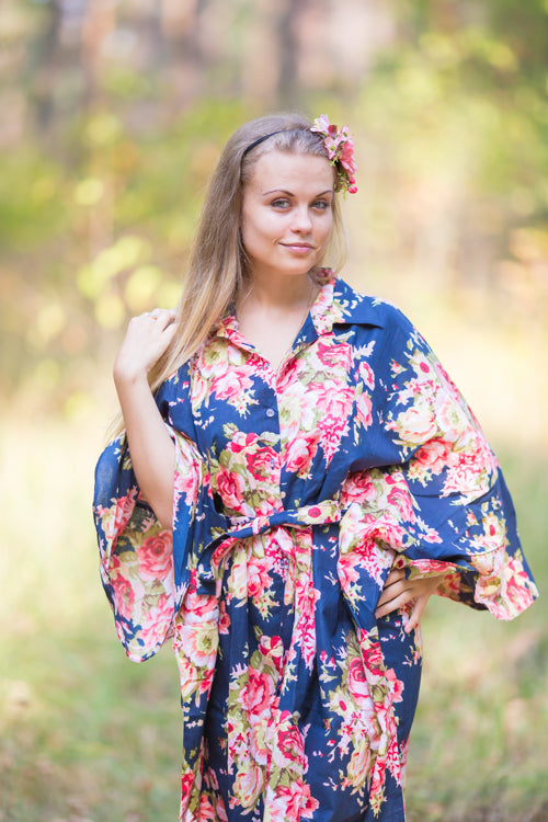 Navy Blue Oriental Delight Style Caftan in Rosy Red Posy Pattern