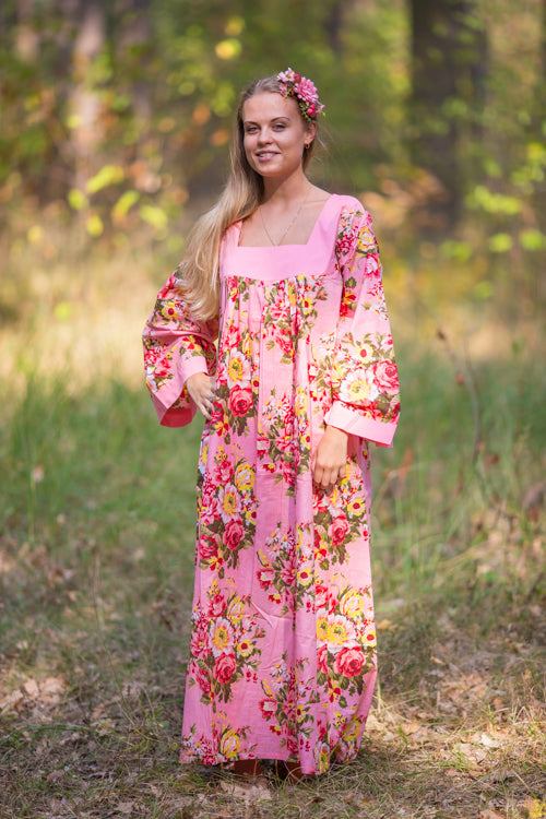 Pink Fire Maiden Style Caftan in Rosy Red Posy Pattern