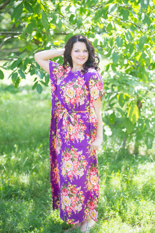 Purple Divinely Simple Style Caftan in Rosy Red Posy Pattern