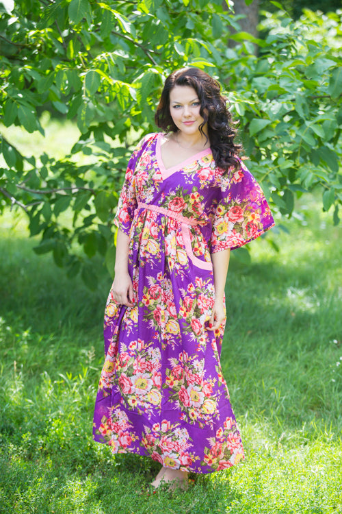 Purple Breezy Bohemian Style Caftan in Rosy Red Posy Pattern