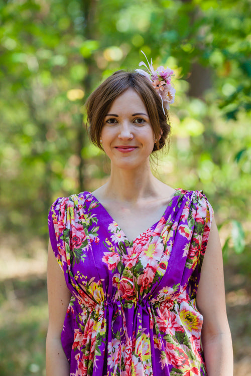Purple Magic Sleeves Style Caftan in Rosy Red Posy Pattern