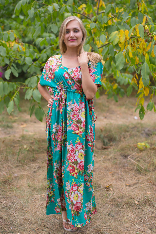 Teal Side Strings Sweet Style Caftan in Rosy Red Posy Pattern