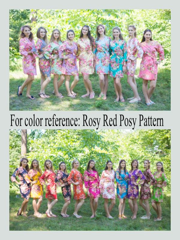 Mismatched Rosy Red Posy Patterned Bridesmaids Robes in Soft Tones