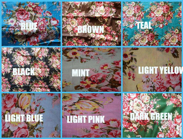 Light Blue Floral Rosy Red Posy V-Neck Button Down to Waist, Ankle Length, Cinched Waist Caftan