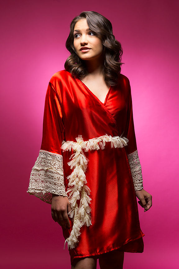Ruby Red Satin Robe with Lace Accented Cuff