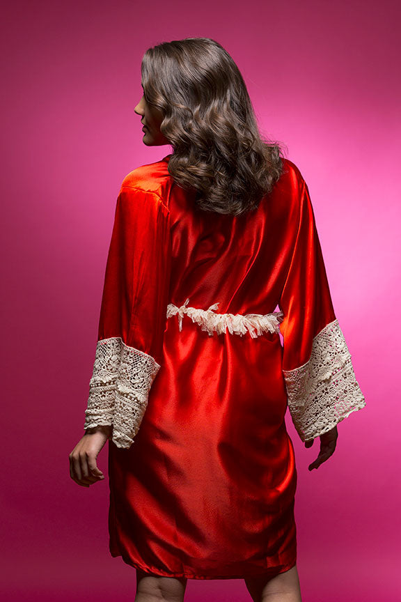 Ruby Red Satin Robe with Lace Accented Cuff