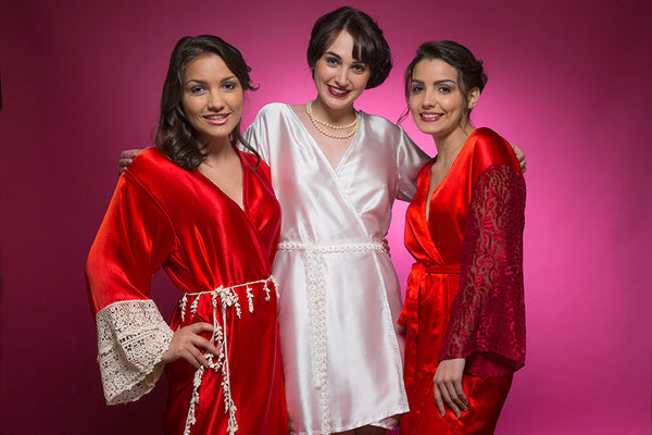 Ruby Red Satin Robe with Lace Accented Cuff