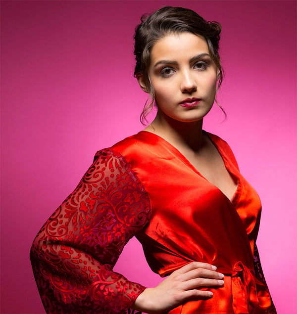 Ruby Red Satin Robe with Brasso Sleeves