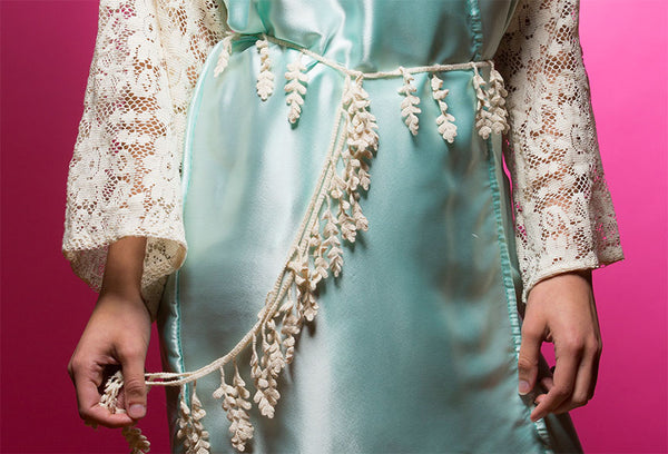 Aqua Blue Satin Robe with Full Length Lace Sleeves