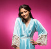 Sky Blue Satin Robe with Lace Accented Cuffs