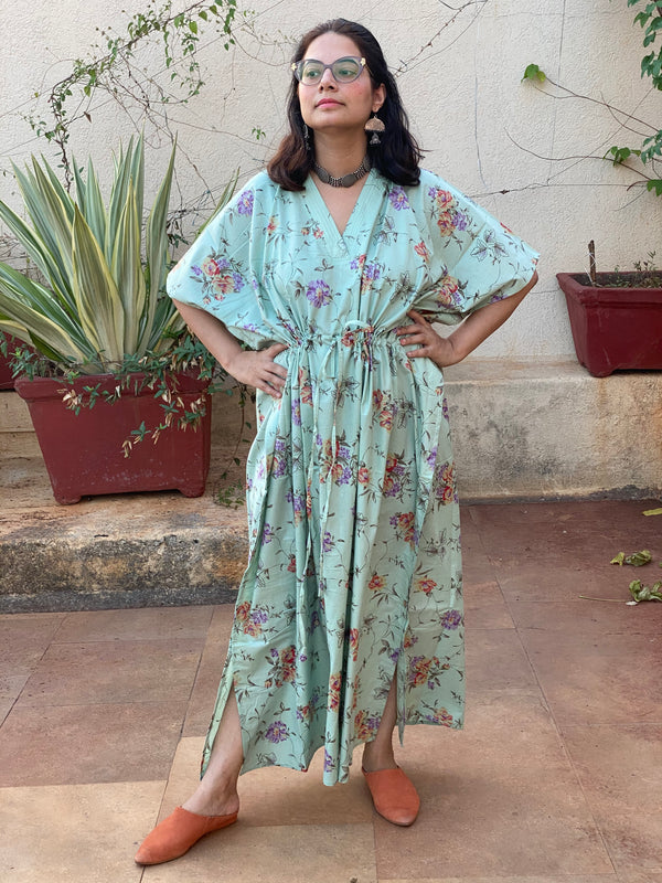 Romantic Floral V-Neck, Cinched Waist Ankle Length Caftan