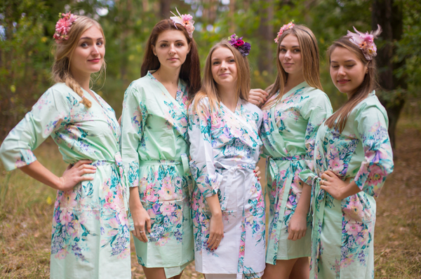 Mint Blooming Flowers Pattern Bridesmaids Robes