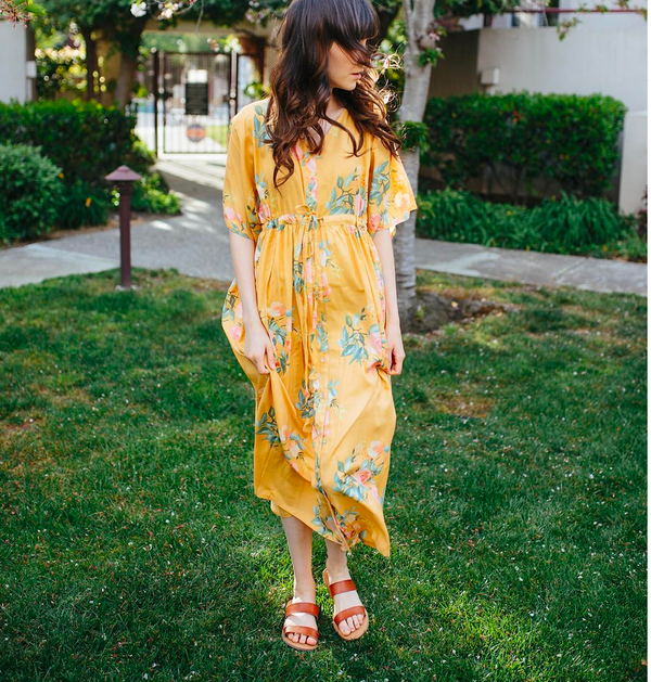 Mustard Gold Floral Front Buttoned Empire Waist Caftan Dress