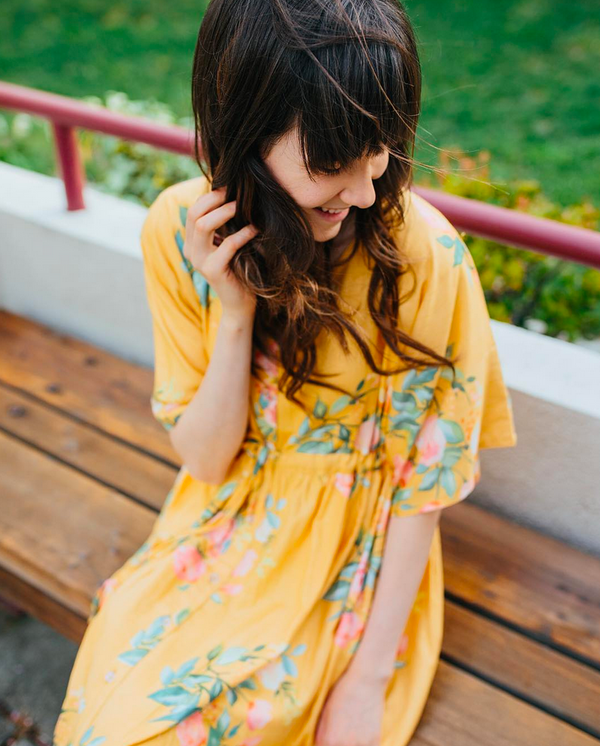 Mustard Gold Floral Front Buttoned Empire Waist Caftan Dress