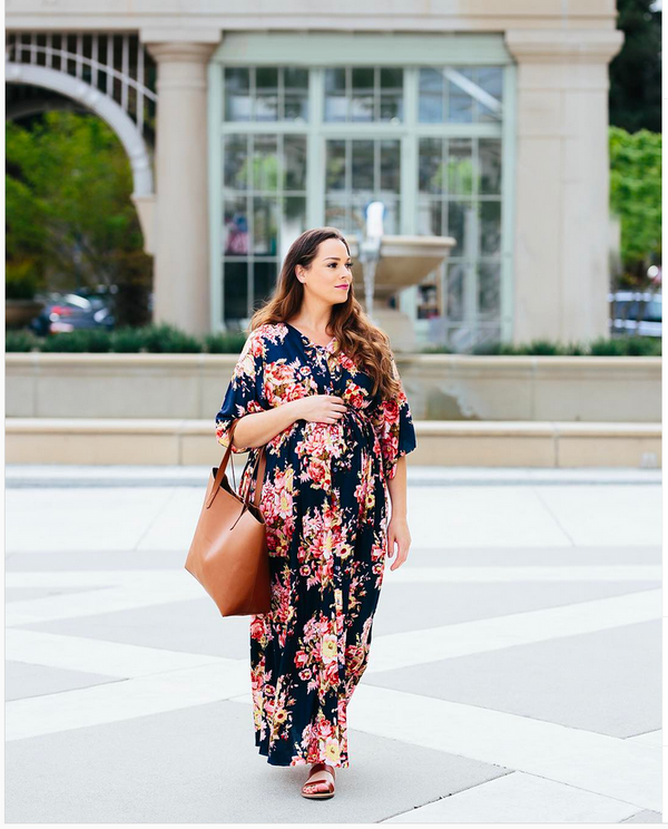 Navy Blue Floral Maternity Front Buttoned Empire Waist Caftan Dress
