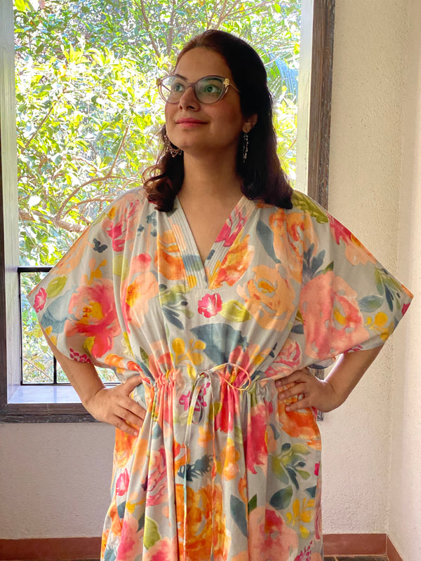 Her Petal Garden V-Neck, Cinched Waist Ankle Length Caftan