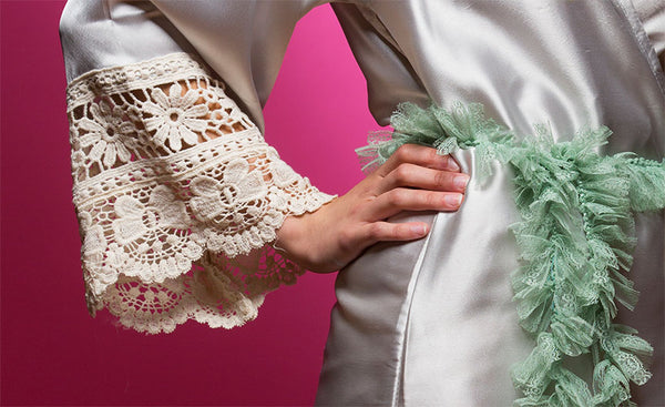 Silvery Shimmer Grey Satin Robe with Lace Accented Cuffs