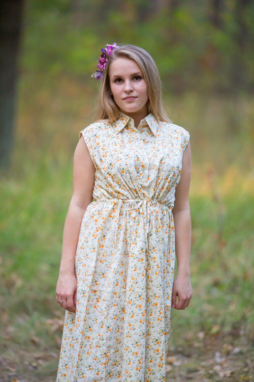Light Yellow Cool Summer Style Caftan in Starry Florals Pattern