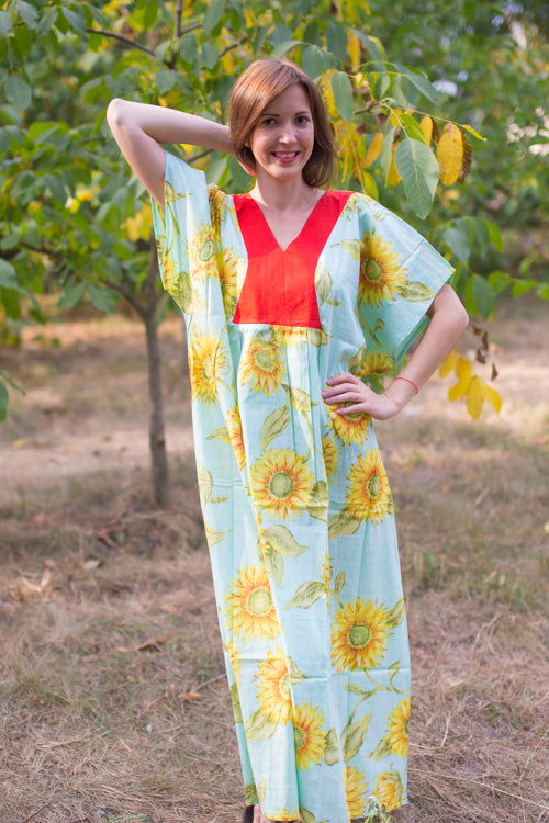Light Blue Flowing River Style Caftan in Sunflower Sweet Pattern