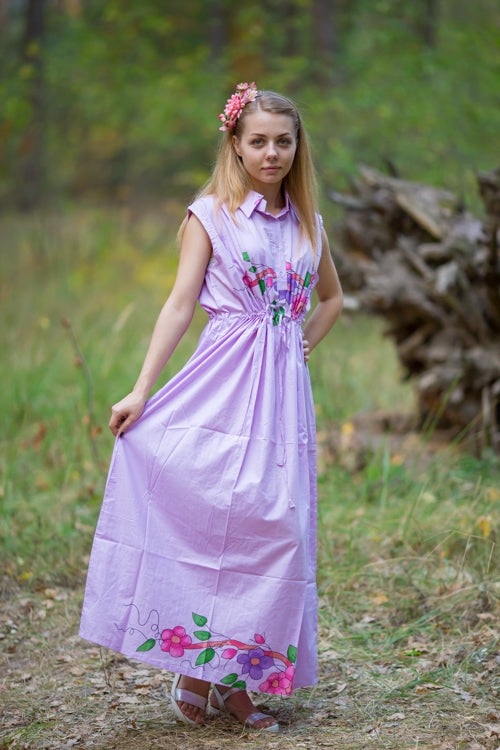 Lilac Cool Summer Style Caftan in Swirly Floral Vine Pattern