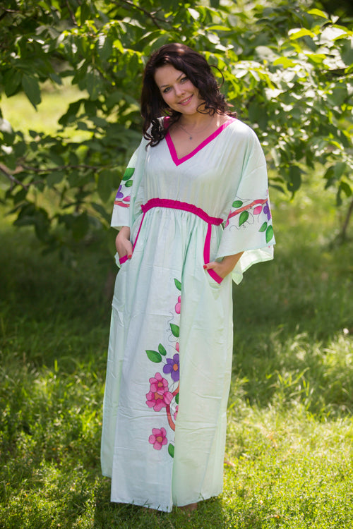 Mint Breezy Bohemian Style Caftan in Swirly Floral Vine Pattern
