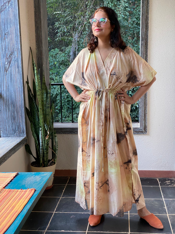 Watercolor Splash V-Neck, Cinched Waist Ankle Length Kaftan
