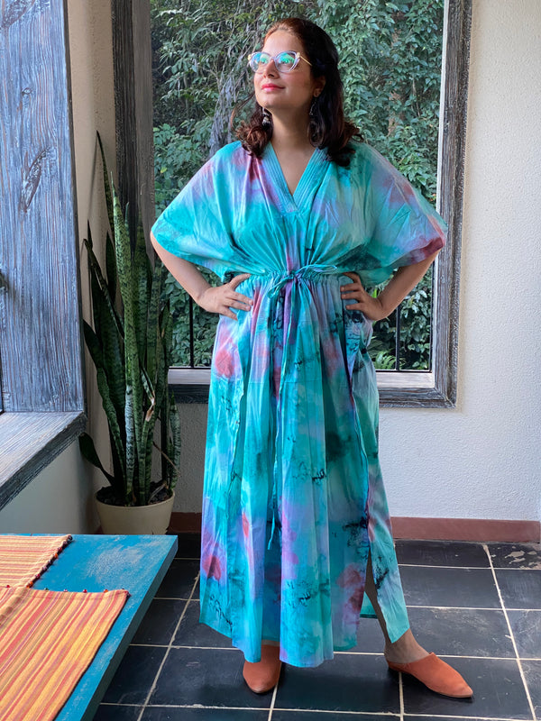 Watercolor Splash V-Neck, Cinched Waist Ankle Length Caftan