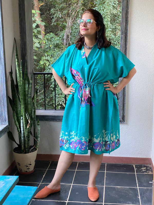 Big Butterfly V-Neck, Knee Length, Cinched Waist Caftan