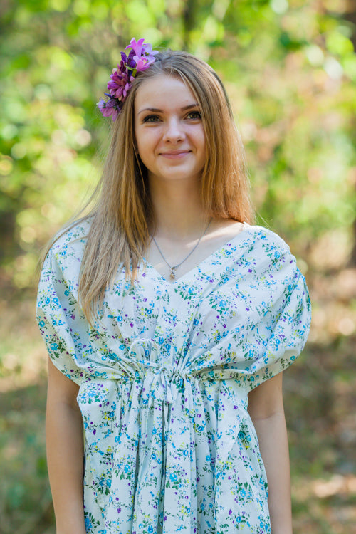 Light Blue Magic Sleeves Style Caftan in Tiny Blossoms Pattern