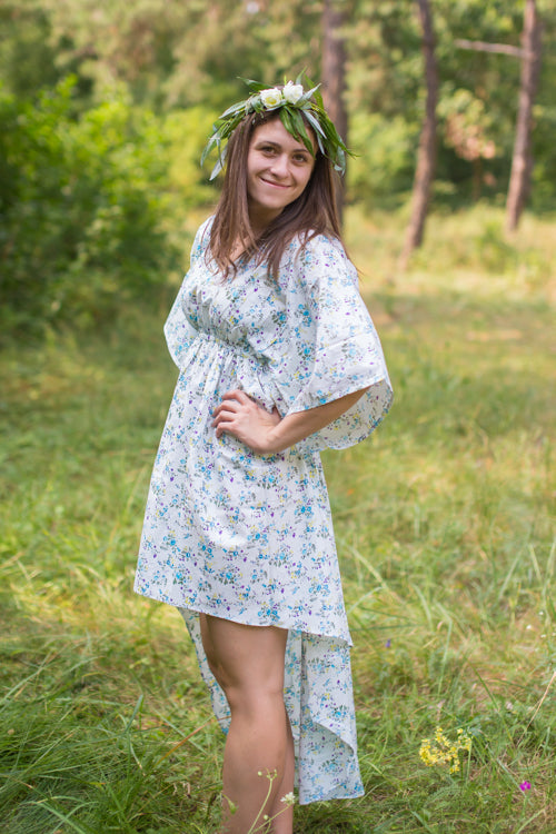 Light Blue High Low Wind Flow Style Caftan in Tiny Blossoms Pattern