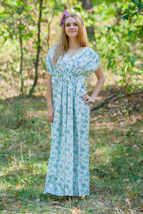 Light Blue Magic Sleeves Style Caftan in Tiny Blossoms Pattern
