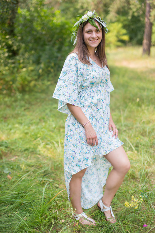 Light Blue High Low Wind Flow Style Caftan in Tiny Blossoms Pattern
