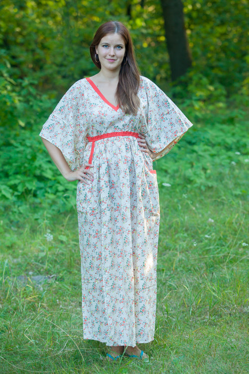 Light Yellow Breezy Bohemian Style Caftan in Tiny Blossoms Pattern