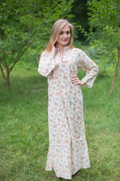 Light Yellow Mandarin On My Mind Style Caftan in Tiny Blossoms Pattern