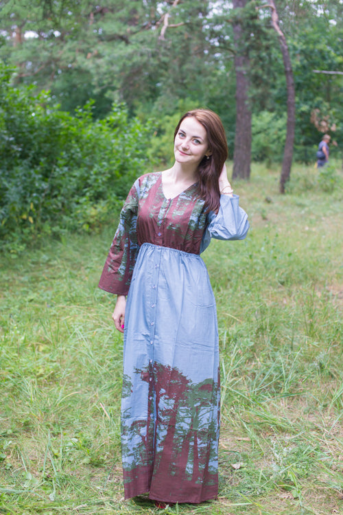 Gray Button Me Down Style Caftan in Tree of Life Pattern