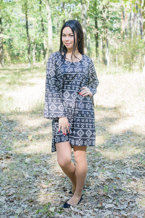 Black Bella Tunic Style Caftan in Tribal Aztec Pattern