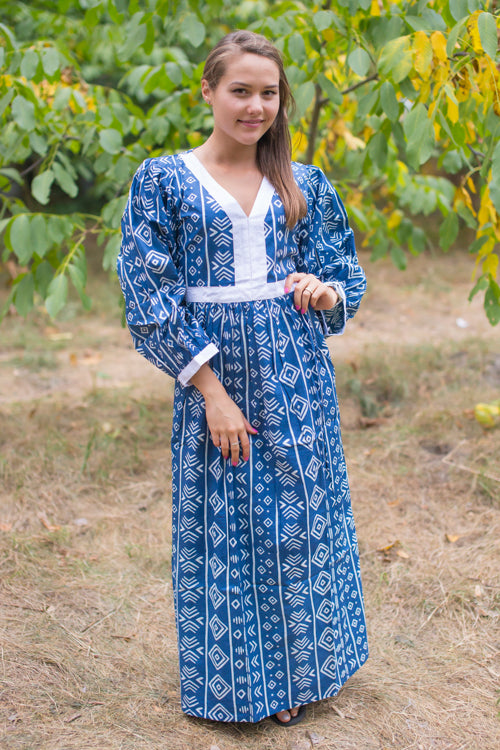 Dark Blue My Peasant Dress Style Caftan in Tribal Aztec Pattern