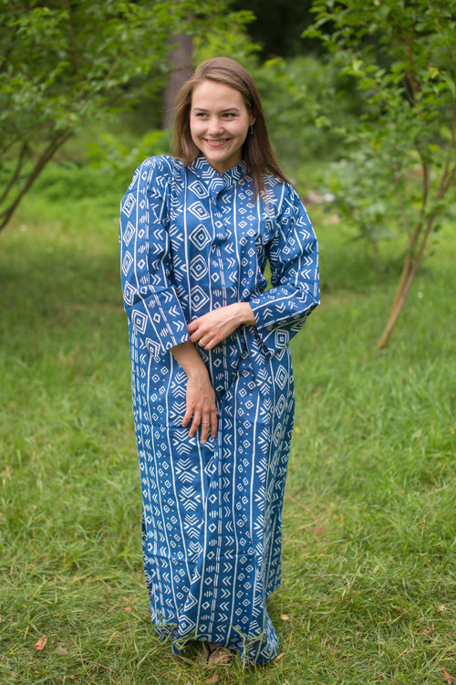 Dark Blue Mandarin On My Mind Style Caftan in Tribal Aztec Pattern